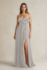 Sweetheart Ruffled A - Line Chiffon Bridesmaid Dress in Silver - KissProm Bridesmaid Dresses