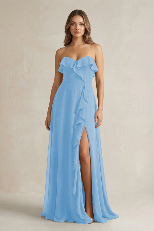 Sweetheart Ruffled A - Line Chiffon Bridesmaid Dress in Steel Blue - KissProm Bridesmaid Dresses