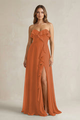Sweetheart Ruffled A - Line Chiffon Bridesmaid Dress in Terracotta - KissProm Bridesmaid Dresses