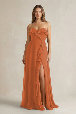 Sweetheart Ruffled A - Line Chiffon Bridesmaid Dress in Terracotta - KissProm Bridesmaid Dresses