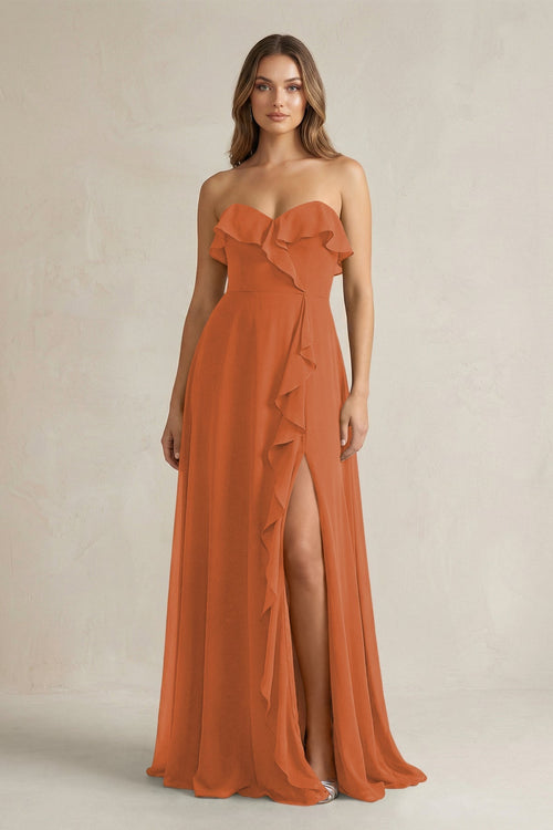 Sweetheart Ruffled A - Line Chiffon Bridesmaid Dress in Terracotta - KissProm Bridesmaid Dresses
