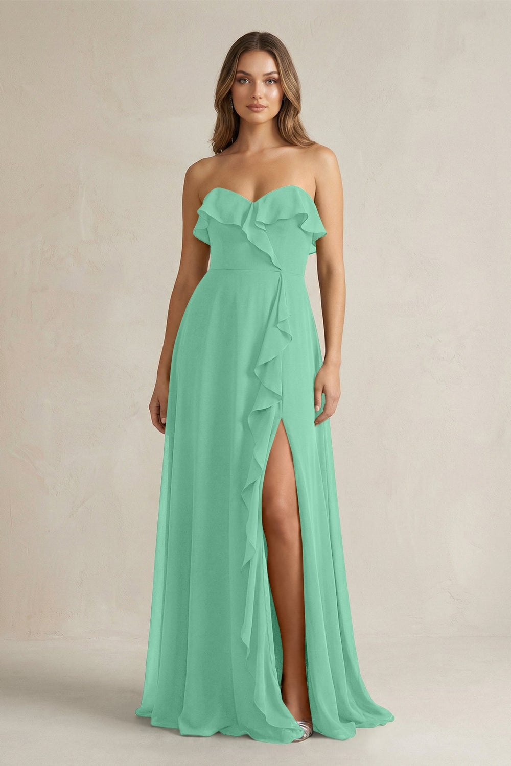 Sweetheart Ruffled A - Line Chiffon Bridesmaid Dress in Turquoise - KissProm Bridesmaid Dresses