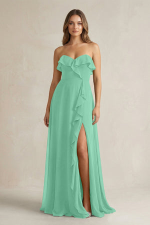 Sweetheart Ruffled A - Line Chiffon Bridesmaid Dress in Turquoise - KissProm Bridesmaid Dresses