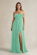 Sweetheart Ruffled A - Line Chiffon Bridesmaid Dress in Turquoise - KissProm Bridesmaid Dresses