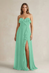 Sweetheart Ruffled A - Line Chiffon Bridesmaid Dress in Turquoise - KissProm Bridesmaid Dresses