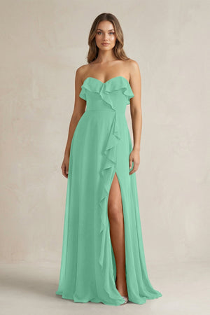 Sweetheart Ruffled A - Line Chiffon Bridesmaid Dress in Turquoise - KissProm Bridesmaid Dresses
