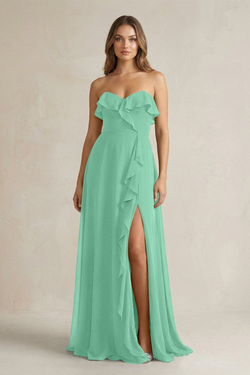Sweetheart Ruffled A - Line Chiffon Bridesmaid Dress in Turquoise - KissProm Bridesmaid Dresses