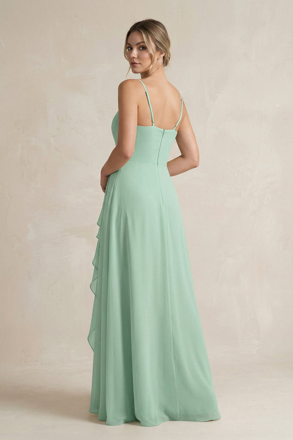 Sweetheart Ruffled A-Line Chiffon Bridesmaid Dress with Slit in Pale Pistachio - KissProm BRIDESMAID DRESSES
