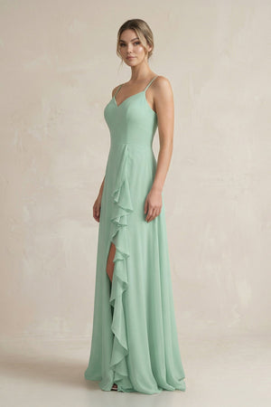 Sweetheart Ruffled A-Line Chiffon Bridesmaid Dress with Slit in Pale Pistachio - KissProm BRIDESMAID DRESSES
