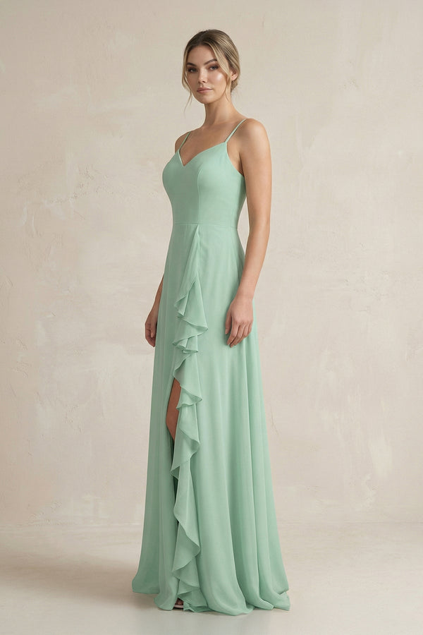 Sweetheart Ruffled A-Line Chiffon Bridesmaid Dress with Slit in Pale Pistachio - KissProm BRIDESMAID DRESSES