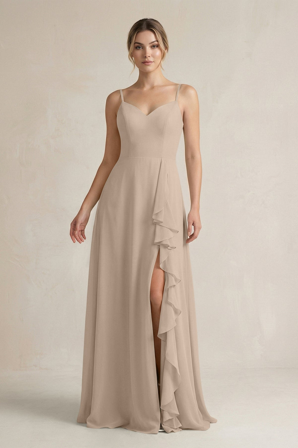 Sweetheart Ruffled A - Line Chiffon Bridesmaid Dress with Slit in Almond - KissProm Bridesmaid Dresses