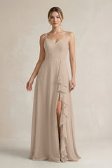 Sweetheart Ruffled A - Line Chiffon Bridesmaid Dress with Slit in Almond - KissProm Bridesmaid Dresses