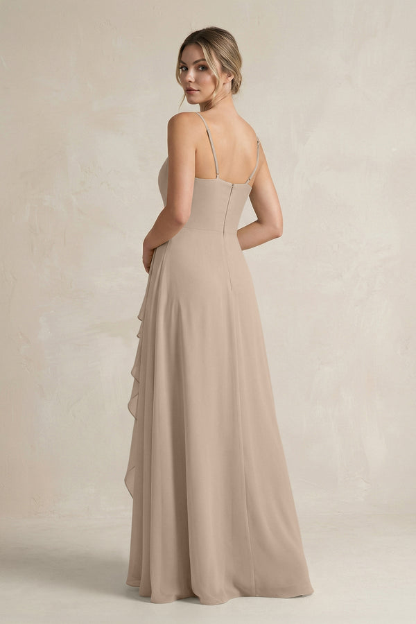 Sweetheart Ruffled A - Line Chiffon Bridesmaid Dress with Slit in Almond - KissProm Bridesmaid Dresses