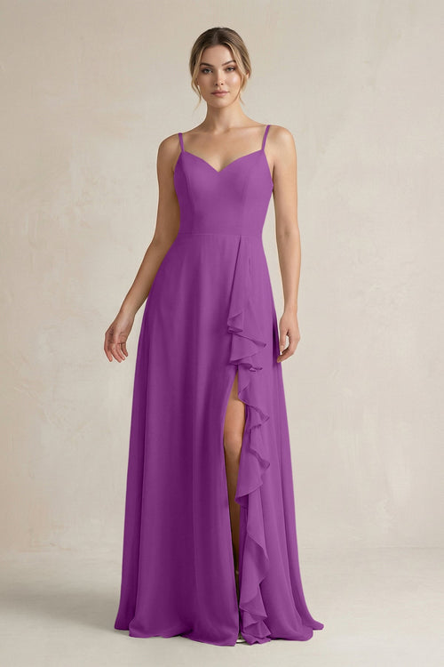 Sweetheart Ruffled A - Line Chiffon Bridesmaid Dress with Slit in Amethyst - KissProm Bridesmaid Dresses