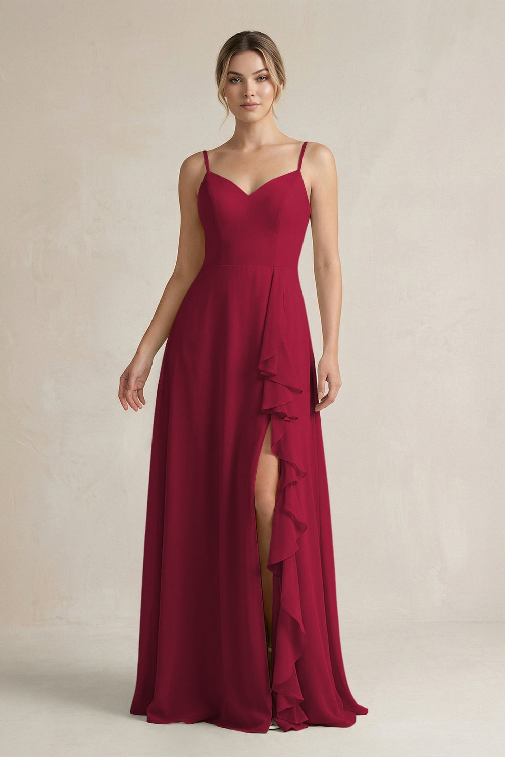 Sweetheart Ruffled A - Line Chiffon Bridesmaid Dress with Slit in Berry - KissProm Bridesmaid Dresses
