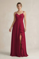 Sweetheart Ruffled A - Line Chiffon Bridesmaid Dress with Slit in Berry - KissProm Bridesmaid Dresses