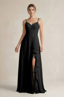 Sweetheart Ruffled A - Line Chiffon Bridesmaid Dress with Slit in Black - KissProm Bridesmaid Dresses