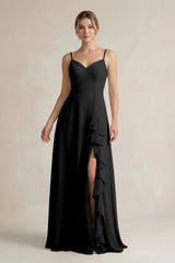 Sweetheart Ruffled A - Line Chiffon Bridesmaid Dress with Slit in Black - KissProm Bridesmaid Dresses