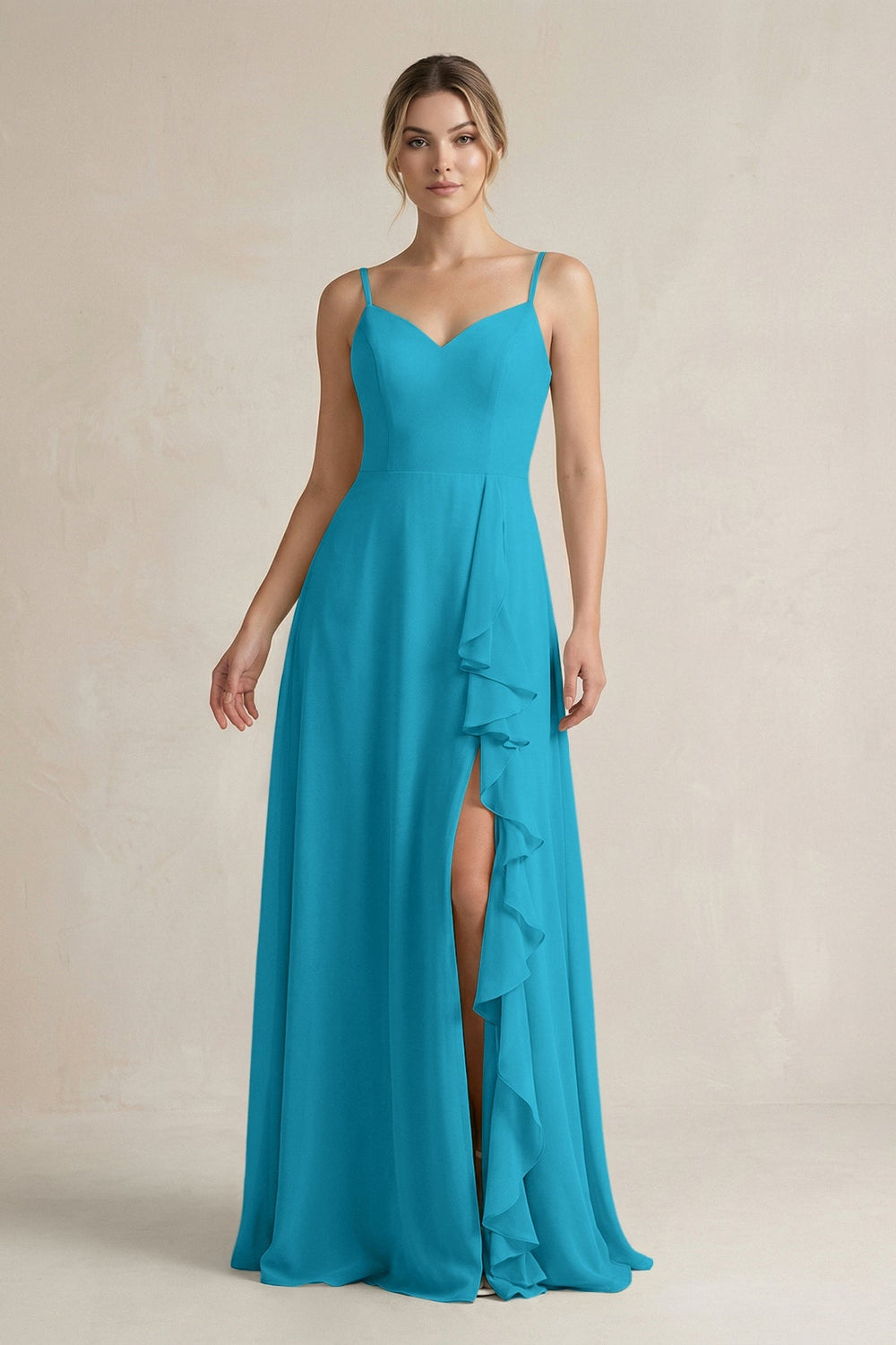 Sweetheart Ruffled A - Line Chiffon Bridesmaid Dress with Slit in Blue Jay - KissProm Bridesmaid Dresses