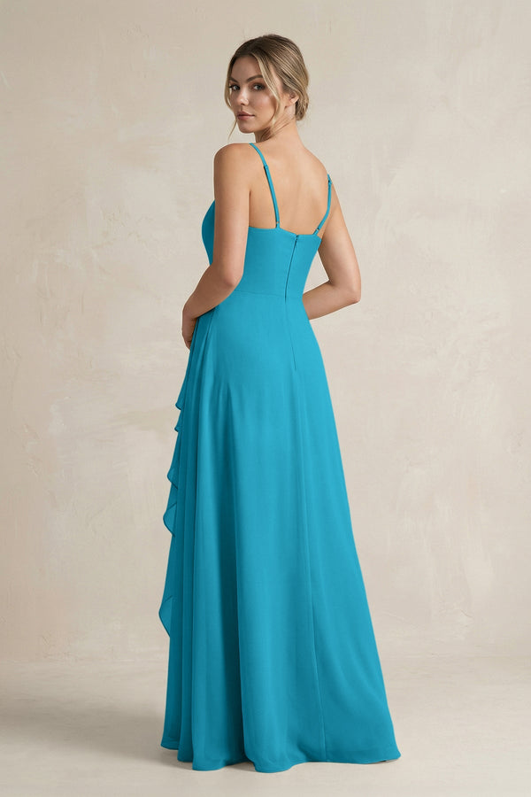 Sweetheart Ruffled A - Line Chiffon Bridesmaid Dress with Slit in Blue Jay - KissProm Bridesmaid Dresses
