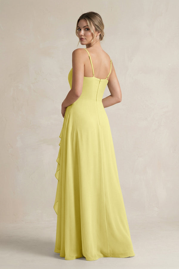Sweetheart Ruffled A - Line Chiffon Bridesmaid Dress with Slit in Buttercup - KissProm Bridesmaid Dresses