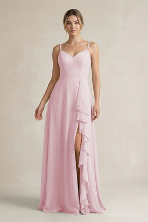 Sweetheart Ruffled A - Line Chiffon Bridesmaid Dress with Slit in Candy Pink - KissProm Bridesmaid Dresses