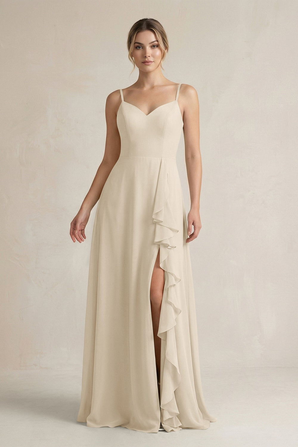 Sweetheart Ruffled A - Line Chiffon Bridesmaid Dress with Slit in Champagne - KissProm Bridesmaid Dresses