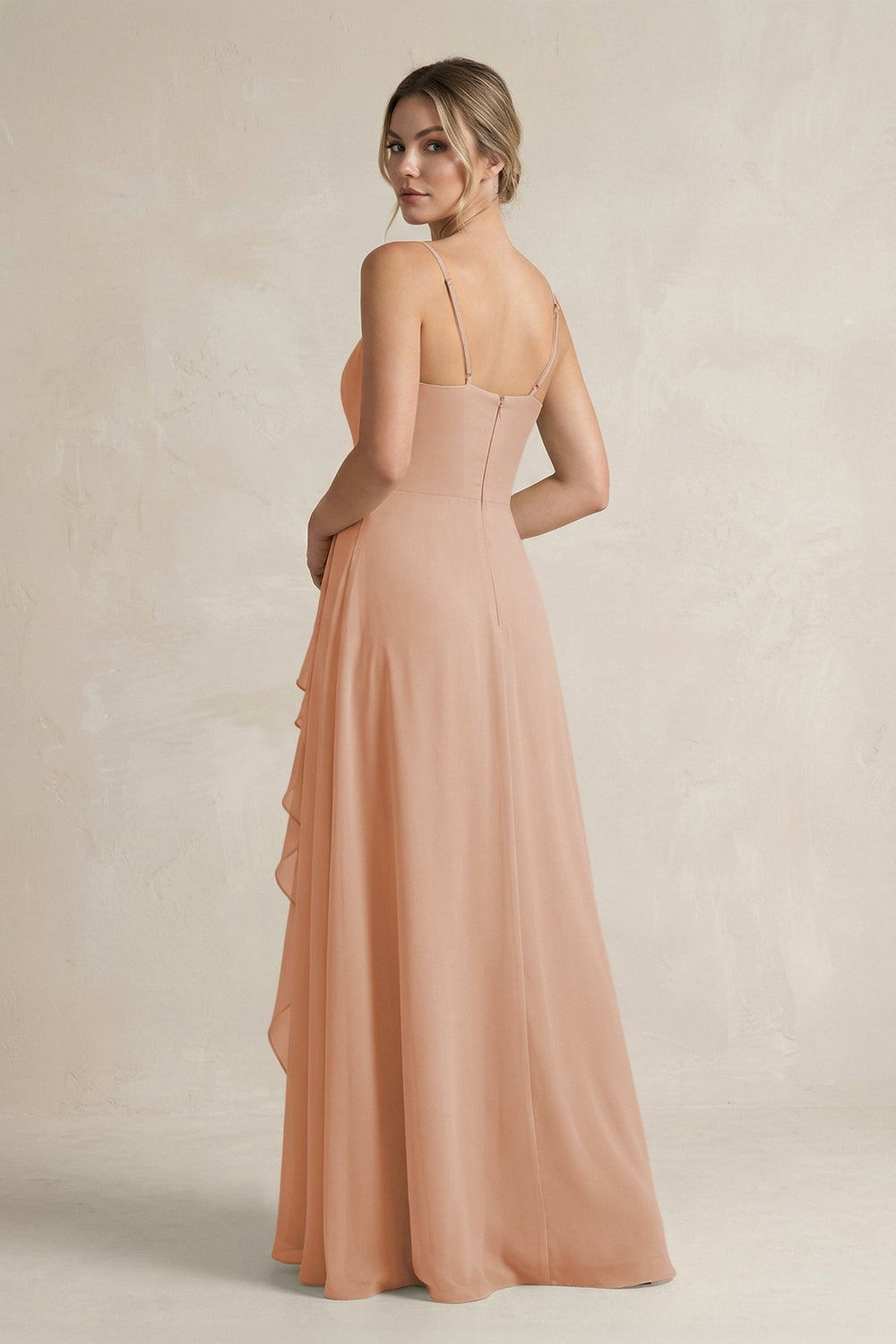Sweetheart Ruffled A - Line Chiffon Bridesmaid Dress with Slit in Champagne Rose - KissProm Bridesmaid Dresses