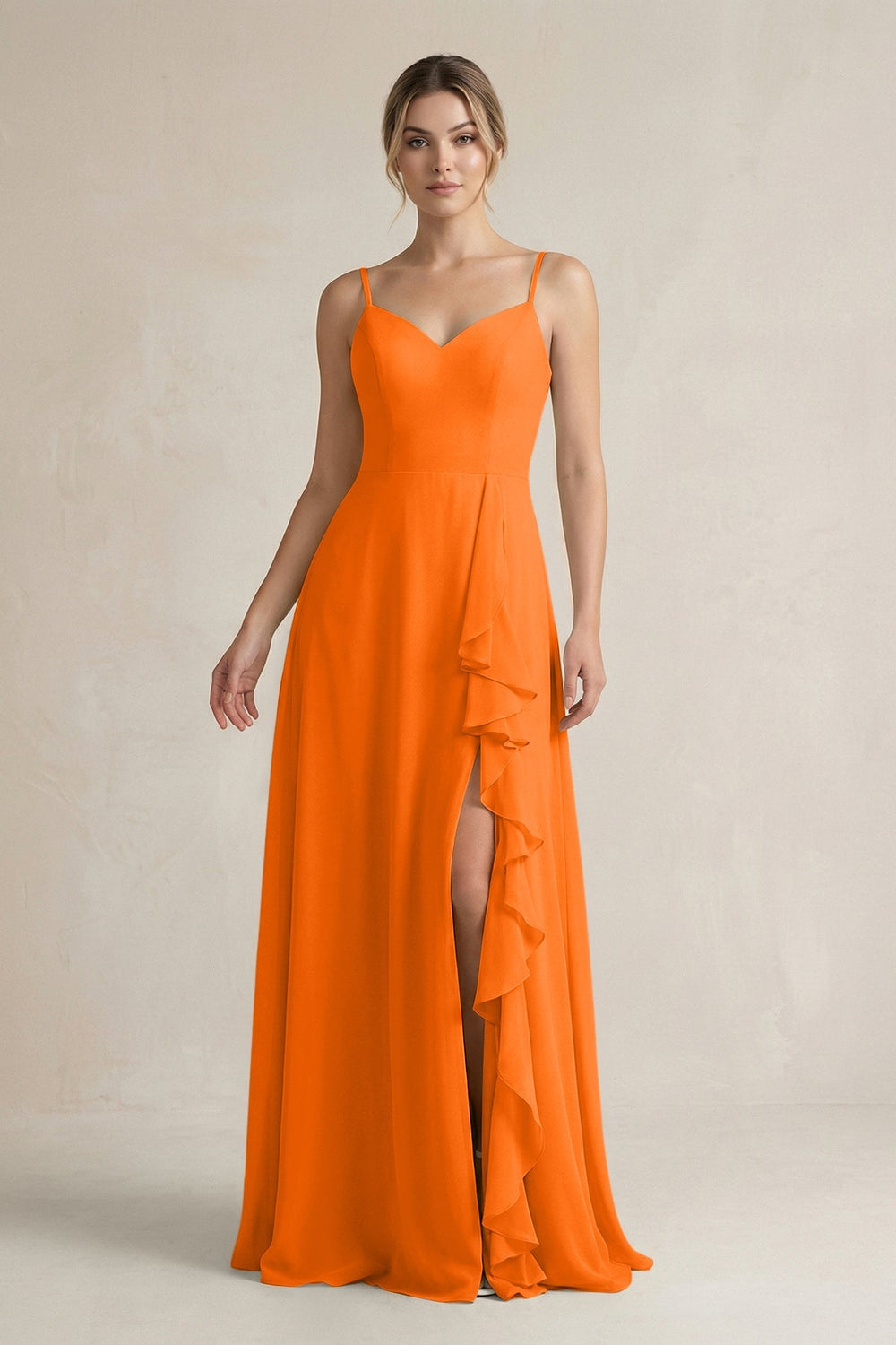 Sweetheart Ruffled A - Line Chiffon Bridesmaid Dress with Slit in Cinnamon - KissProm Bridesmaid Dresses
