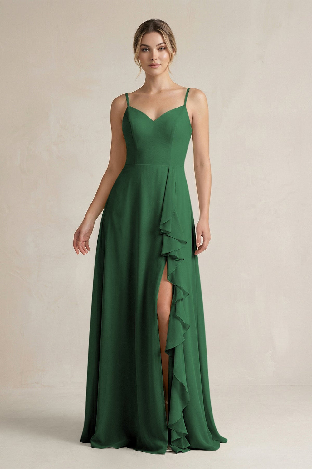 Sweetheart Ruffled A - Line Chiffon Bridesmaid Dress with Slit in Dark Green - KissProm Bridesmaid Dresses