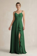 Sweetheart Ruffled A - Line Chiffon Bridesmaid Dress with Slit in Dark Green - KissProm Bridesmaid Dresses