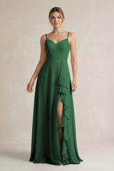 Sweetheart Ruffled A - Line Chiffon Bridesmaid Dress with Slit in Dark Green - KissProm Bridesmaid Dresses