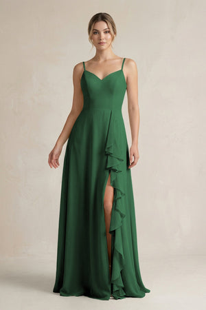 Sweetheart Ruffled A - Line Chiffon Bridesmaid Dress with Slit in Dark Green - KissProm Bridesmaid Dresses