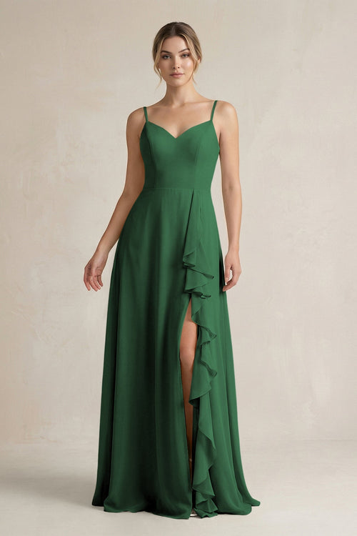 Sweetheart Ruffled A - Line Chiffon Bridesmaid Dress with Slit in Dark Green - KissProm Bridesmaid Dresses