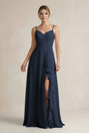 Sweetheart Ruffled A - Line Chiffon Bridesmaid Dress with Slit in Dark Navy - KissProm Bridesmaid Dresses