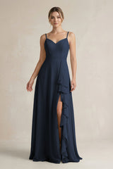 Sweetheart Ruffled A - Line Chiffon Bridesmaid Dress with Slit in Dark Navy - KissProm Bridesmaid Dresses