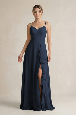 Sweetheart Ruffled A - Line Chiffon Bridesmaid Dress with Slit in Dark Navy - KissProm Bridesmaid Dresses