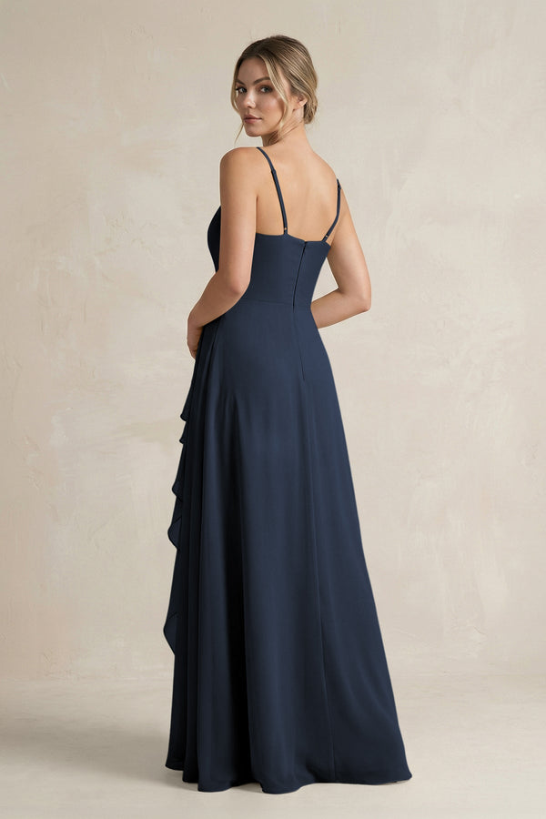 Sweetheart Ruffled A - Line Chiffon Bridesmaid Dress with Slit in Dark Navy - KissProm Bridesmaid Dresses