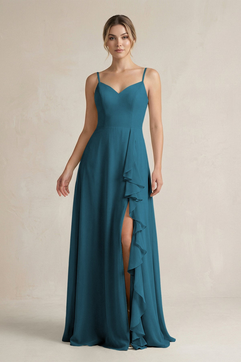 Sweetheart Ruffled A - Line Chiffon Bridesmaid Dress with Slit in Dark Teal - KissProm Bridesmaid Dresses