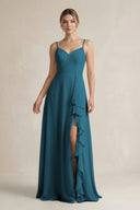 Sweetheart Ruffled A - Line Chiffon Bridesmaid Dress with Slit in Dark Teal - KissProm Bridesmaid Dresses