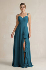 Sweetheart Ruffled A - Line Chiffon Bridesmaid Dress with Slit in Dark Teal - KissProm Bridesmaid Dresses