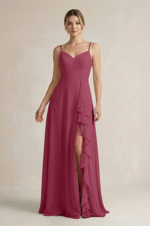 Sweetheart Ruffled A - Line Chiffon Bridesmaid Dress with Slit in Desert Rose - KissProm Bridesmaid Dresses