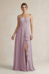 Sweetheart Ruffled A - Line Chiffon Bridesmaid Dress with Slit in Dusk - KissProm Bridesmaid Dresses