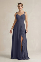 Sweetheart Ruffled A - Line Chiffon Bridesmaid Dress with Slit in Dusk Blue - KissProm Bridesmaid Dresses