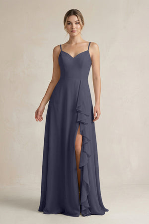 Sweetheart Ruffled A - Line Chiffon Bridesmaid Dress with Slit in Dusk Blue - KissProm Bridesmaid Dresses