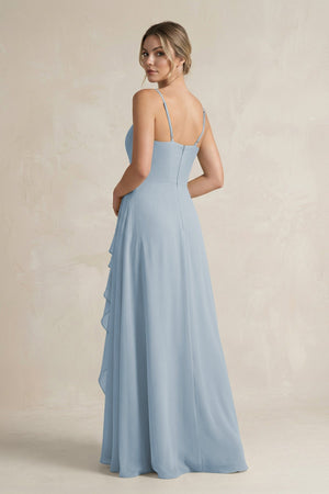 Sweetheart Ruffled A - Line Chiffon Bridesmaid Dress with Slit in Dusty Blue - KissProm Bridesmaid Dresses