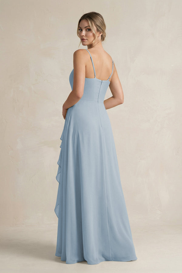 Sweetheart Ruffled A - Line Chiffon Bridesmaid Dress with Slit in Dusty Blue - KissProm Bridesmaid Dresses