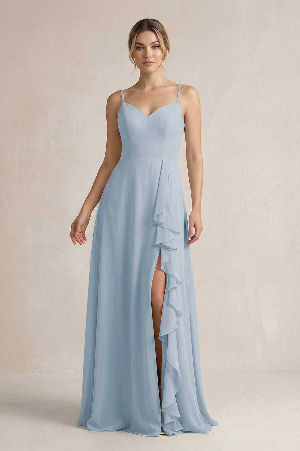 Sweetheart Ruffled A - Line Chiffon Bridesmaid Dress with Slit in Dusty Blue - KissProm Bridesmaid Dresses