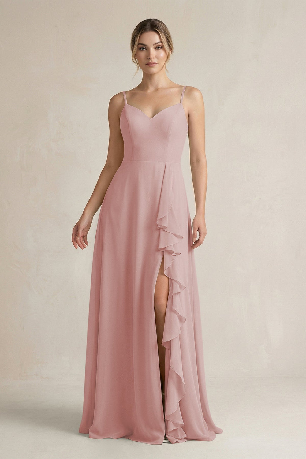 Sweetheart Ruffled A - Line Chiffon Bridesmaid Dress with Slit in Dusty Rose - KissProm Bridesmaid Dresses