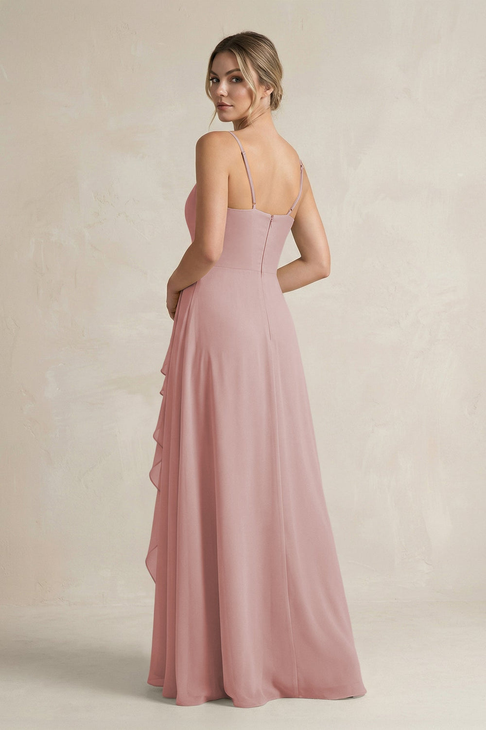 Sweetheart Ruffled A - Line Chiffon Bridesmaid Dress with Slit in Dusty Rose - KissProm Bridesmaid Dresses